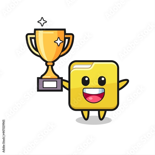 Cartoon Illustration of folder is happy holding up the golden trophy