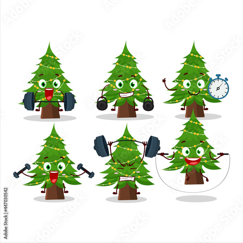 A healthy christmas tree cartoon style trying some tools on Fitness center