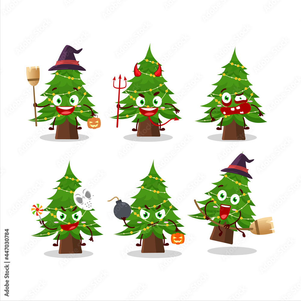 Halloween expression emoticons with cartoon character of christmas tree