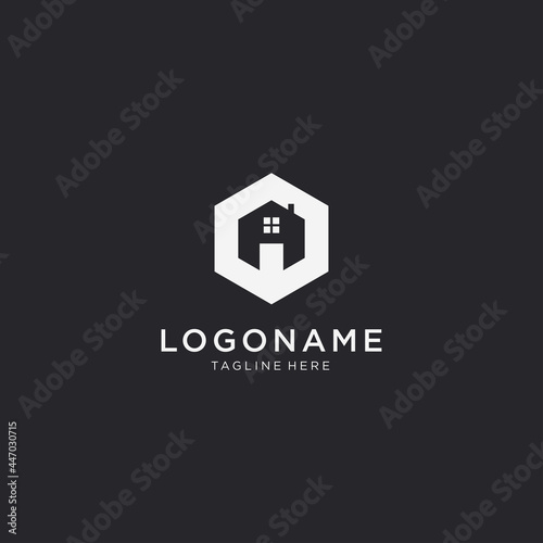 Letter A Home hexagon logo design template. black background.