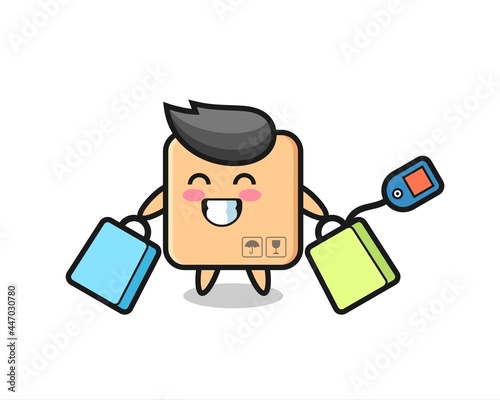 cardboard box mascot cartoon holding a shopping bag