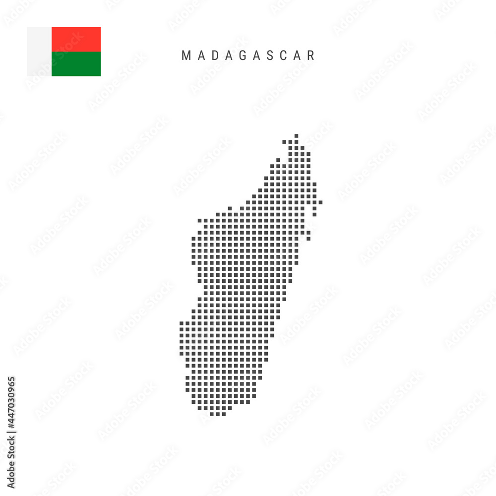 Obraz premium Square dots pattern map of Madagascar. Republic of Madagascar dotted pixel map with flag. Vector illustration