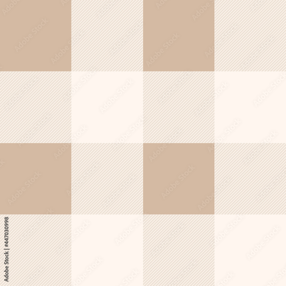 Bold neutral gingham seamless vector pattern. Light beige brown buffalo check plaid texture. Rustic, modern, farmhouse country style shabby chic checkered design. Large scale repeat background print.