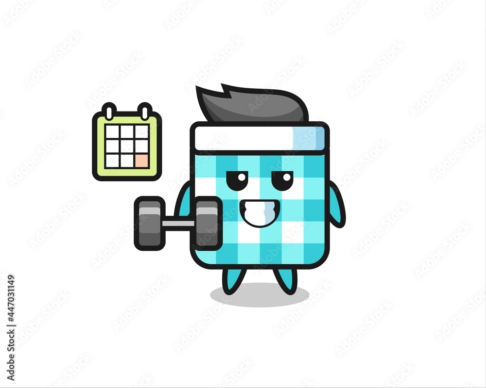 checkered tablecloth mascot cartoon doing fitness with dumbbell