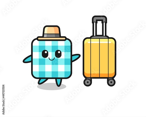 checkered tablecloth cartoon illustration with luggage on vacation