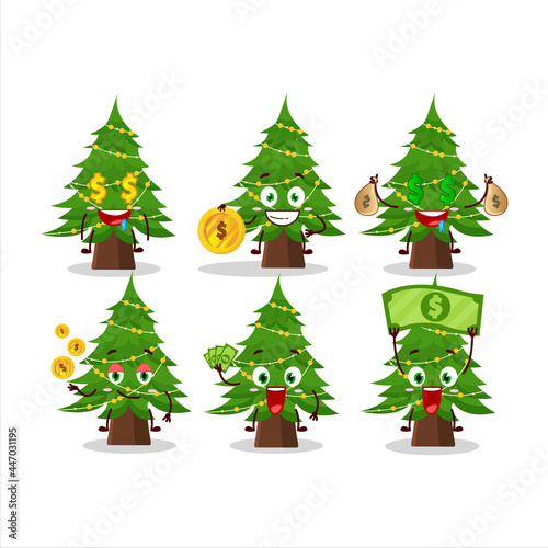 Christmas tree cartoon character with cute emoticon bring money