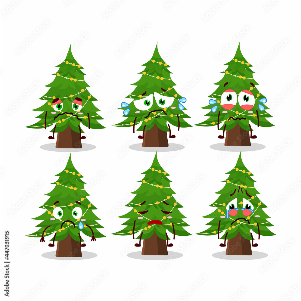 Christmas tree cartoon character with sad expression