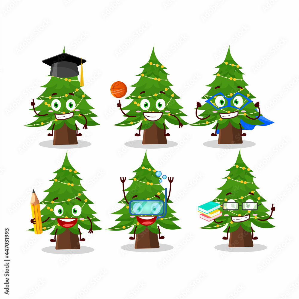 School student of christmas tree cartoon character with various expressions