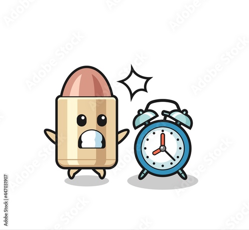 Cartoon Illustration of bullet is surprised with a giant alarm clock
