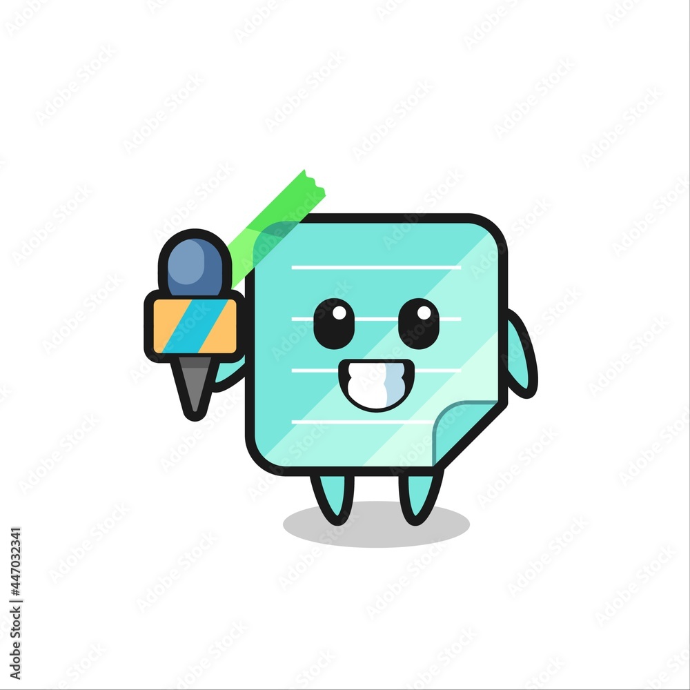Character mascot of sticky notes as a news reporter