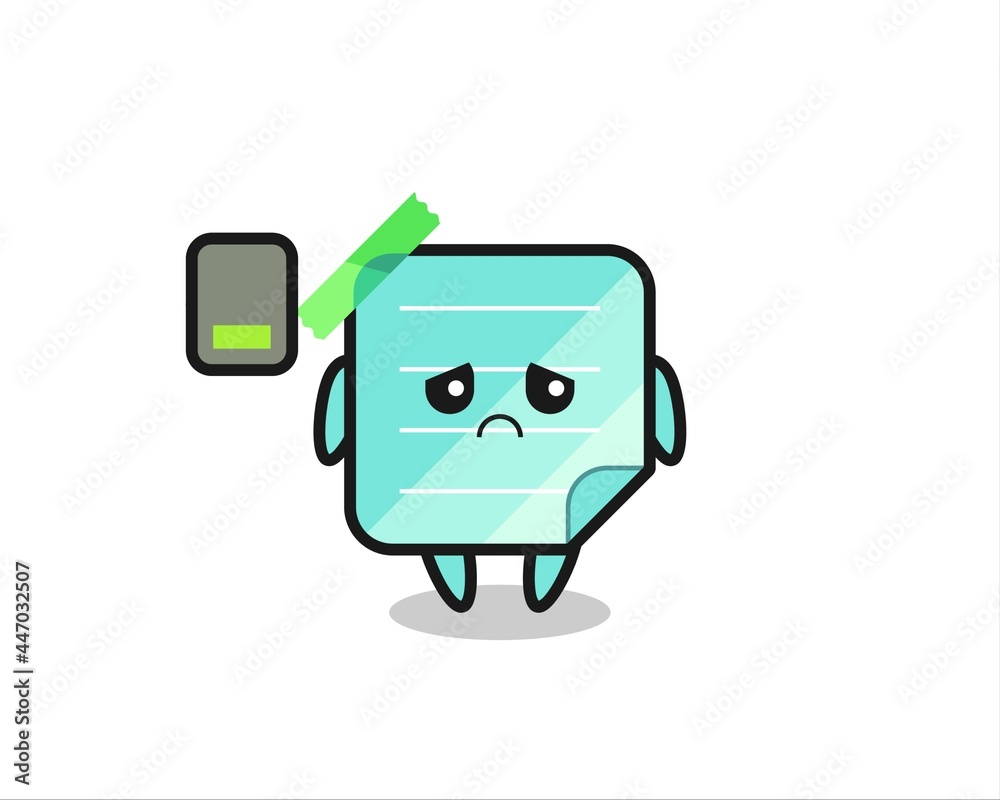 sticky notes mascot character doing a tired gesture