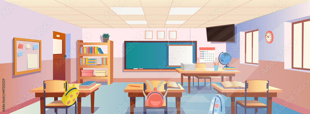 School classroom flat color vector illustration. Empty class with row of  desks and chairs. Space for studying and teaching. Middle school room 2D  cartoon interior with chalkboard on background Stock Vector