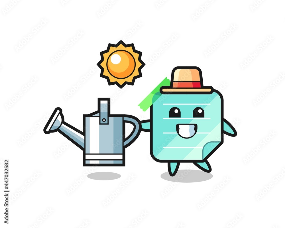 Cartoon character of sticky notes holding watering can Cartoon character of sticky notes holding watering can