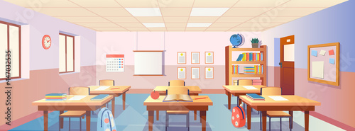 Cartoon classroom interior with view on school desks with chairs, bookcase, door and window. Flat Vector Illustration.