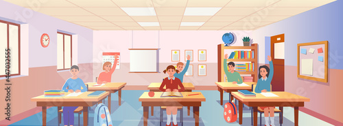 Cartoon classroom interior with view on school desks withc hildren, bookcase, door and window. Welcome back to school.Flat Vector Illustration. © NADEZHDA