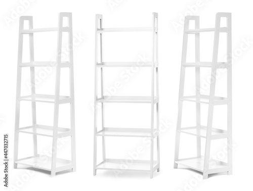 Empty shelving unit on white background