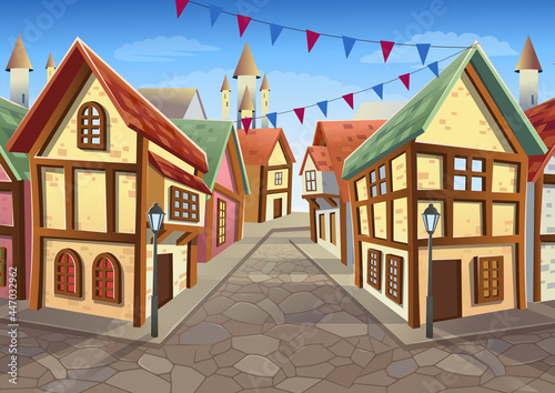  Old city street with chalet style houses. Vector illustration in cartoon style. Medieval town street with old  buildings at night.
