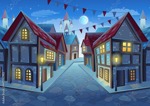  Old city street with chalet style houses. Vector illustration in cartoon style. Medieval town street with old  buildings at night.