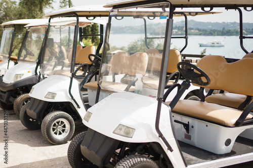 white golf cars in a cart. electric car 