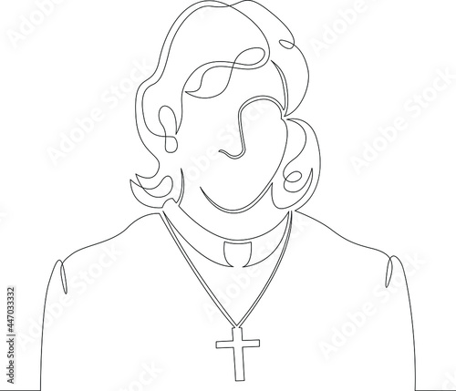 One continuous line
Female character professional priest in a cassock with a cross
One continuous drawing line logo isolated minimal illustration.