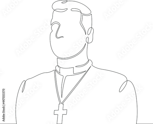 One continuous line.
Male character professional priest in a cassock with a cross
One continuous drawing line logo isolated minimal illustration.