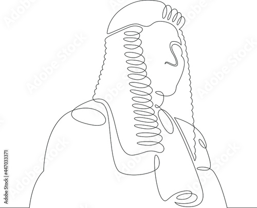 One continuous line.
Male character professional judge lawyer in wig and gown in court.
One continuous drawing line logo isolated minimal illustration.