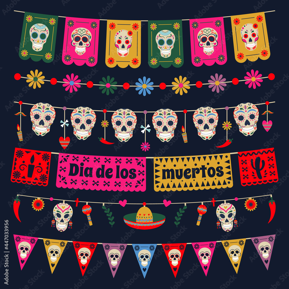 Dia de los muertos bunting flags. Mexican dead day bunting decoration, sugar skulls and flowers bunting vector illustration set. Dead day holiday garlands