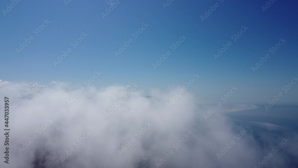 Abstract aerial nature summer ocean sunset sea and sky background. Natural sky with puffy Cumulus clouds composition. Sky replacement for composites. Holiday, vacation and recreational concept