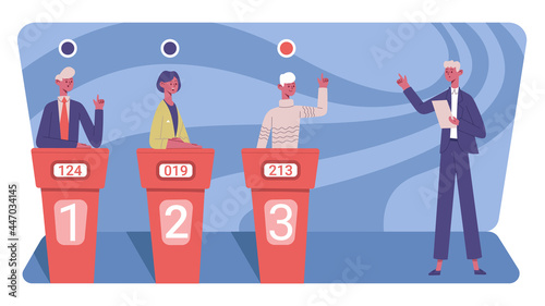 Television quiz show. Competitive quiz puzzle game show with TV presenter and tree players vector illustration. Entertainment TV quiz show