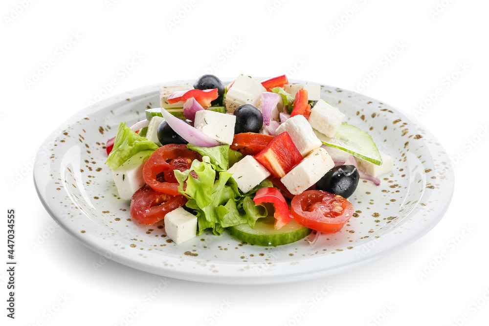 Plate with fresh Greek salad on white background Plate with fresh Greek salad on white background