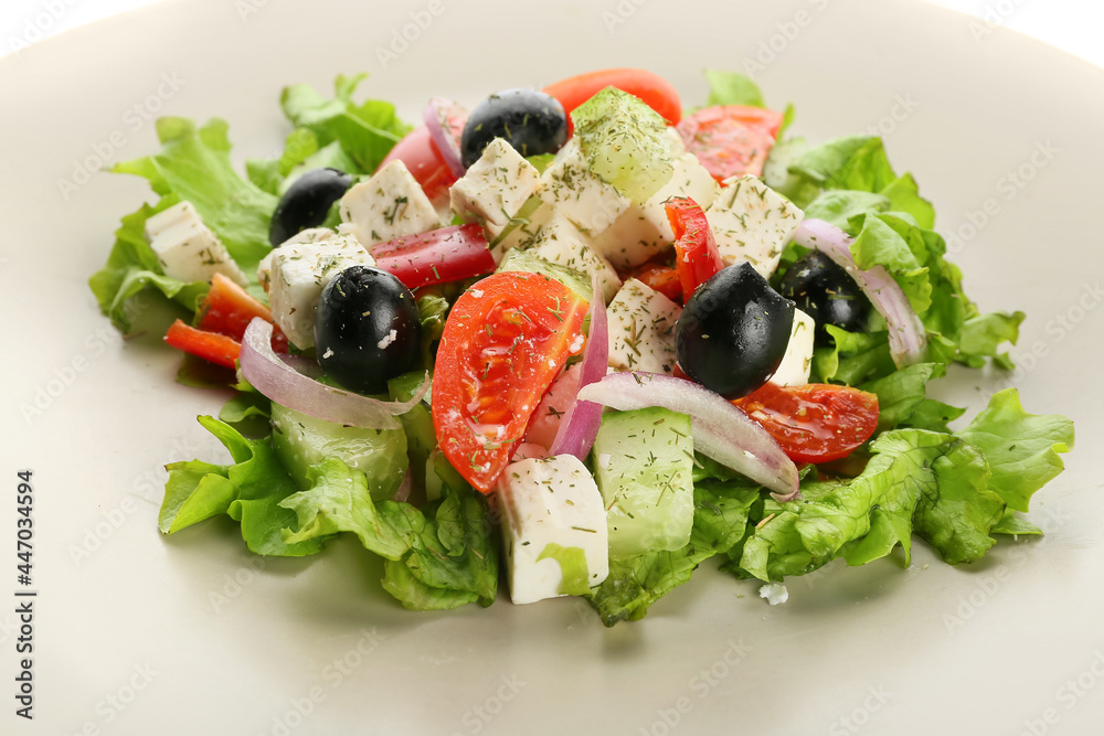 Plate with fresh Greek salad, closeup