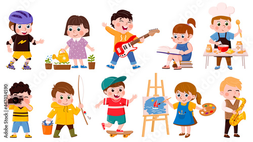Children hobby. Cartoon school or preschool kids cook, read, draw and play music, creative childrens hobbies vector illustration set. Active kids hobbies