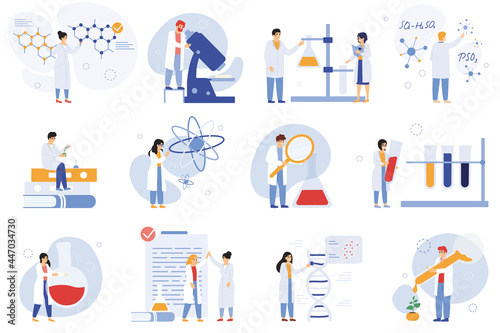 Scientist characters. Chemical researchers, biologists or laboratory workers, science medical workers vector illustration set. Research scientist characters