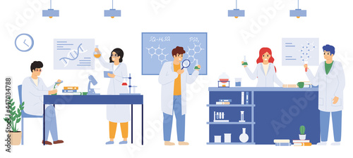 Scientific laboratory. Science research laboratory workers, male and female researchers wearing white coats vector illustration. Laboratory science team