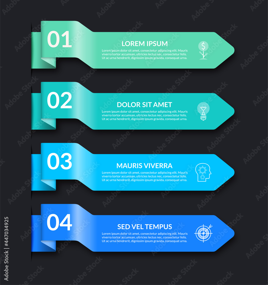 Infographic banner with 4 arrows on dark background. Can be used for web design, diagram, step options, chart, graph, business presentation. Infographic banner with 4 arrows on dark background. Can be used for web design, diagram, step options, chart, graph, business presentation.