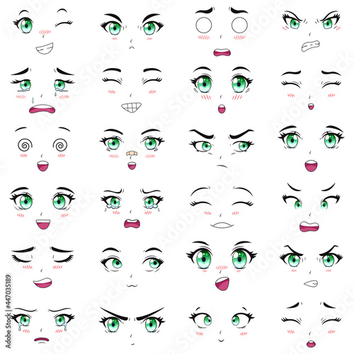 Anime female characters facial kawaii expressions. Manga woman mouth, eyes and eyebrows vector illustration set. Cartoon anime girls emotions