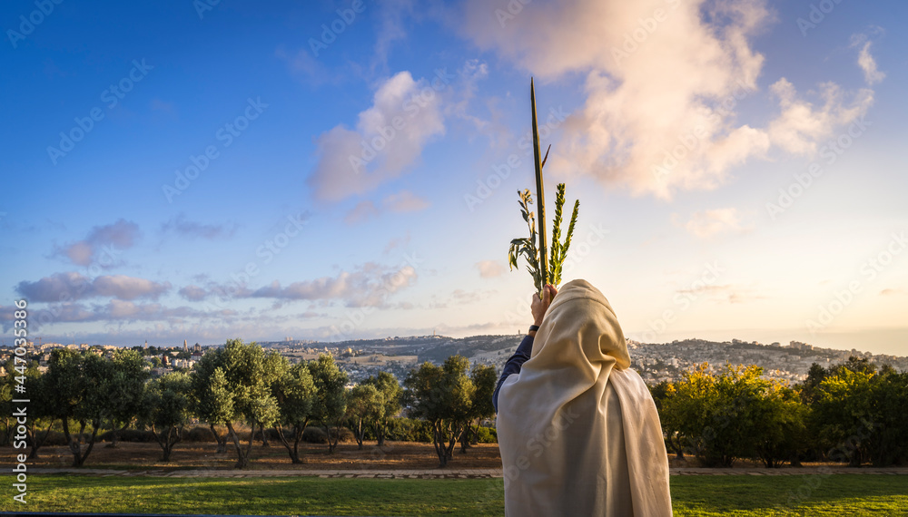 Naklejka premium Succot (Feast of Tabernacles) in Jerusalem: Jewish man in a Tallit praying while waving the Four Species, with a view towards the Temple Mount, the Old City and the Mount of Olives