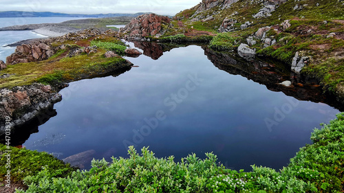 Tundra and Blue Lake on Background Mountain Picks in Cloudy Weather in Polar Summer. Arctic Landscapes