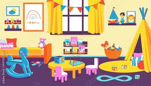 Kids room. Cartoon kindergarten interior with transport and animal toys and dolls for toddler. Bedroom for children. Bright furniture and playing tent. Vector preschool daycare class