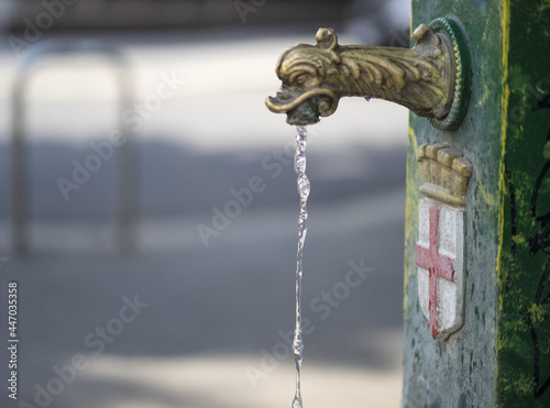 Thirst quenching fresh water gushes from a public fountain called the green dragon in Milan, Lombardy, Italy.