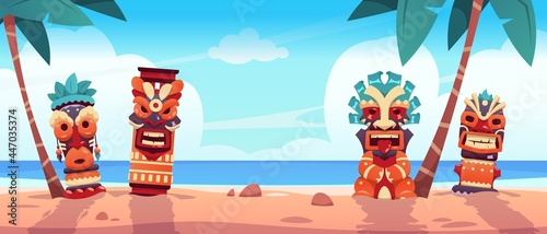 Tiki totem on beach. Hawaiian and African tropical landscape with ritual statues on ocean shore. Scenic seascape. Palms and tribal idols. Summer vacation. Vector exotic island background