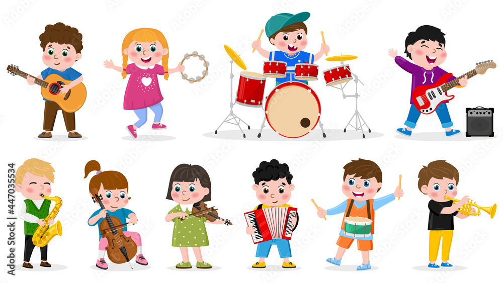 Kids playing musical instruments. Child music band, girls and boys play drum, guitar and violin vector illustration set. Children musical orchestra