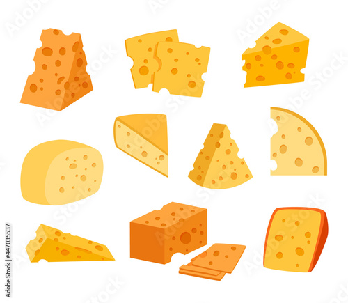 Cheese pieces. Dairy products. Cartoon bites of maasdam with hollows and holes. Gouda slices. Cow milk food set. Isolated porous parts. Gourmet snacks. Vector natural delicious meal