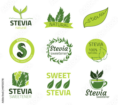 Stevia logo. Sweet sugar free extract labels. Natural organic food product emblems templates. Isolated signs with leaves and lettering. Plant sweetener. Vector herbal diet tags set