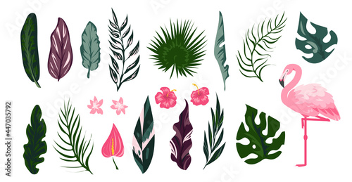 Flamingo tropical collection. Exotic bird with palm tree leaves. Cartoon tropic flora and fauna set. Pink animals. Jungle green foliage. Blooming flowers. Vector rainforest elements
