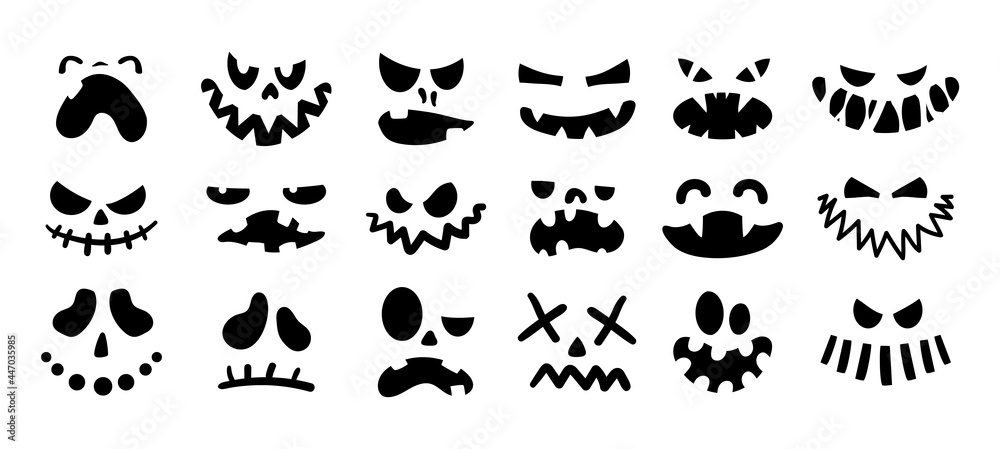 Jack face. Halloween scary emotion for carving on pumpkins. Creepy evil ghost heads with angry eyes and spooky mouth. Black silhouette signs set. Vector cute autumn celebration symbol Jack face. Halloween scary emotion for carving on pumpkins. Creepy evil ghost heads with angry eyes and spooky mouth. Black silhouette signs set. Vector cute autumn celebration symbol