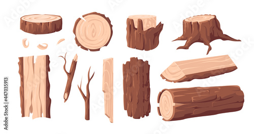 Wood materials. Cartoon lumber log and tree trunk. Wooden plank and stump with bark and branches. Forest construction board. Isolated sawmill elements set. Vector carpentry products stack