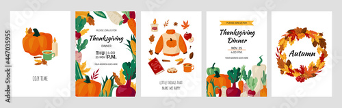 Autumn posters. Cartoon fall background with vegetables and yellow foliage. Leaves border design. Rustic collage. Thanksgiving holiday invitation cards template. Vector banners set