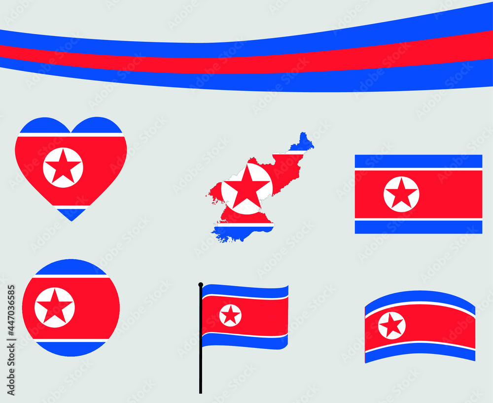 North Korea Flag Map Ribbon And Heart Icons Vector Illustration Abstract National Emblem Design Elements collection