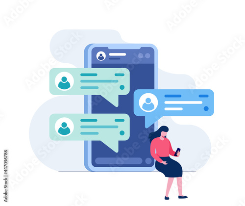 Mobile chatting application. Female with phone concept abstract flat vector illustration banner and landing page photo